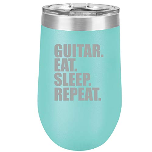 16 oz Double Wall Vacuum Insulated Stainless Steel Stemless Wine Tumbler Glass Coffee Travel Mug With Lid Guitar Eat Sleep Repeat (Teal)
