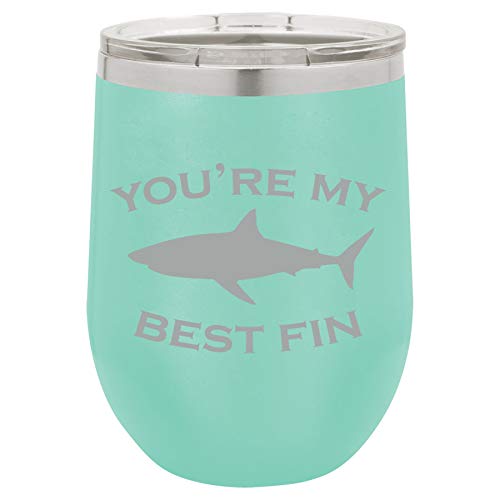 12 oz Double Wall Vacuum Insulated Stainless Steel Stemless Wine Tumbler Glass Coffee Travel Mug With Lid You're My Best Fin Friend Shark (Teal)