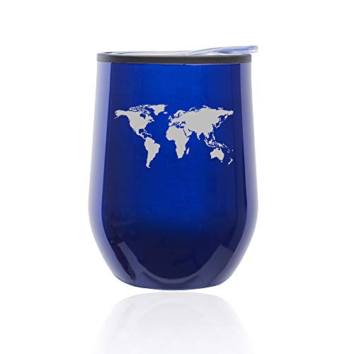 Stemless Wine Tumbler Coffee Travel Mug Glass With Lid World Map (Blue)