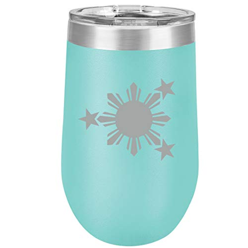 16 oz Double Wall Vacuum Insulated Stainless Steel Stemless Wine Tumbler Glass Coffee Travel Mug With Lid Philippines Stars And Sun (Teal)