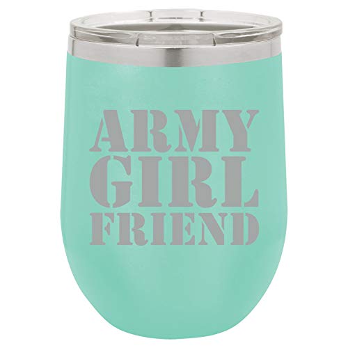 12 oz Double Wall Vacuum Insulated Stainless Steel Stemless Wine Tumbler Glass Coffee Travel Mug With Lid Army Girlfriend (Teal)