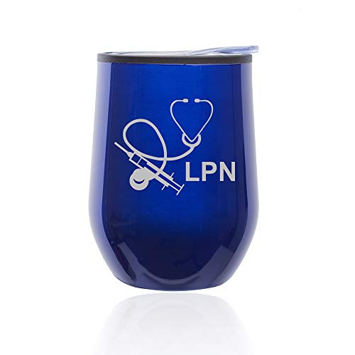 Stemless Wine Tumbler Coffee Travel Mug Glass With Lid Licensed Practical Nurse LPN (Blue)