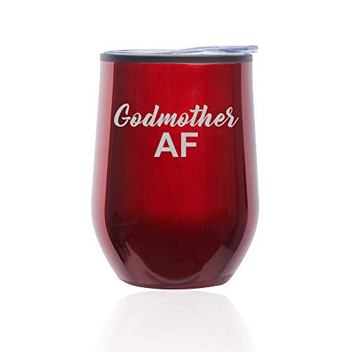 Stemless Wine Tumbler Coffee Travel Mug Glass With Lid Godmother AF Best Friend Sister Gift (Red)