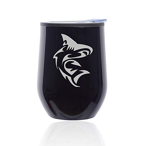Stemless Wine Tumbler Coffee Travel Mug Glass With Lid Shark (Midnight Black)