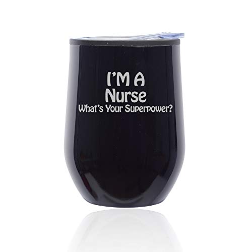 Stemless Wine Tumbler Coffee Travel Mug Glass With Lid Nurse Super Power (Midnight Black)