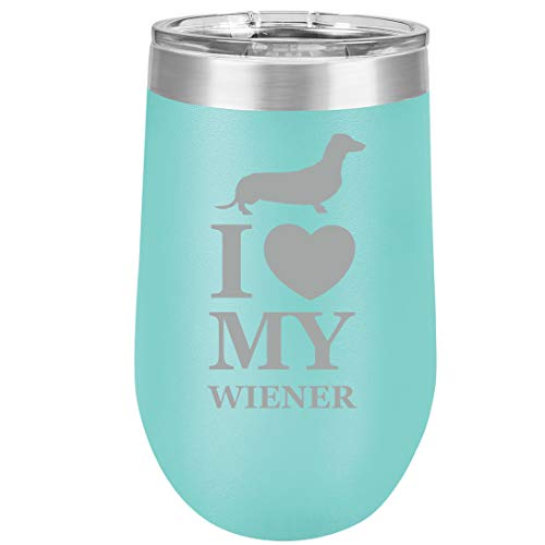 16 oz Double Wall Vacuum Insulated Stainless Steel Stemless Wine Tumbler Glass Coffee Travel Mug With Lid I Love My Wiener Dachshund (Teal)