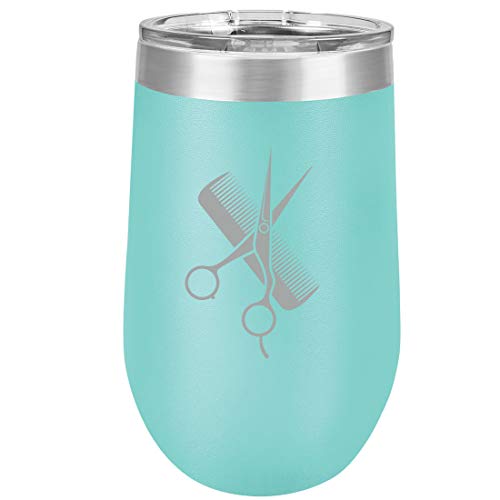 16 oz Double Wall Vacuum Insulated Stainless Steel Stemless Wine Tumbler Glass Coffee Travel Mug With Lid Hair Cutting Dressor Scissors comb (Teal)