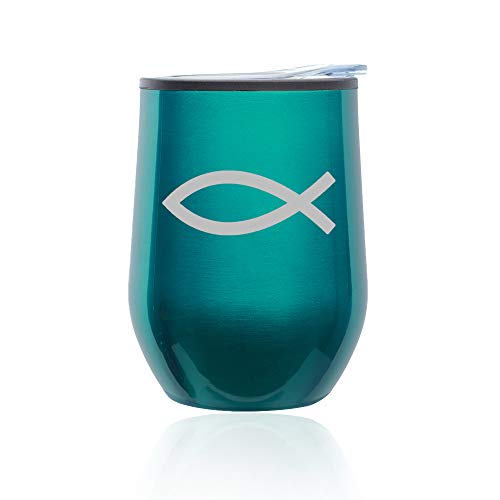 Stemless Wine Tumbler Coffee Travel Mug Glass With Lid Christian Fish Symbol (Turquoise Teal)