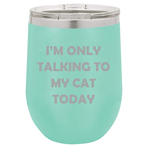 12 oz Double Wall Vacuum Insulated Stainless Steel Stemless Wine Tumbler Glass Coffee Travel Mug With Lid I'm Only Talking To My Cat Today Funny (Teal)