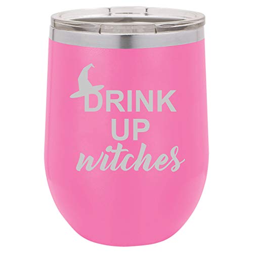 12 oz Double Wall Vacuum Insulated Stainless Steel Stemless Wine Tumbler Glass Coffee Travel Mug With Lid Drink Up Witches Funny Halloween (Hot Pink)