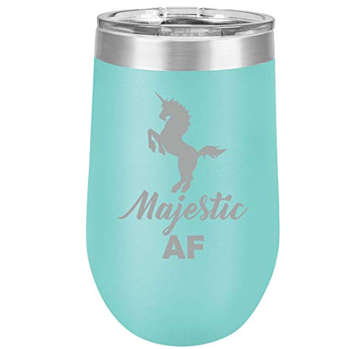 16 oz Double Wall Vacuum Insulated Stainless Steel Stemless Wine Tumbler Glass Coffee Travel Mug With Lid Majestic AF Unicorn (Teal)