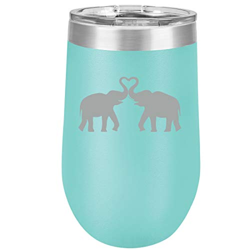 16 oz Double Wall Vacuum Insulated Stainless Steel Stemless Wine Tumbler Glass Coffee Travel Mug With Lid Elephants Making Heart (Teal)