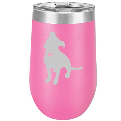 16 oz Double Wall Vacuum Insulated Stainless Steel Stemless Wine Tumbler Glass Coffee Travel Mug With Lid Cute Pit Bull With Heart (Hot Pink)