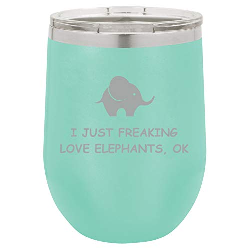 12 oz Double Wall Vacuum Insulated Stainless Steel Stemless Wine Tumbler Glass Coffee Travel Mug With Lid I Just Freaking Love Elephants Funny (Teal)