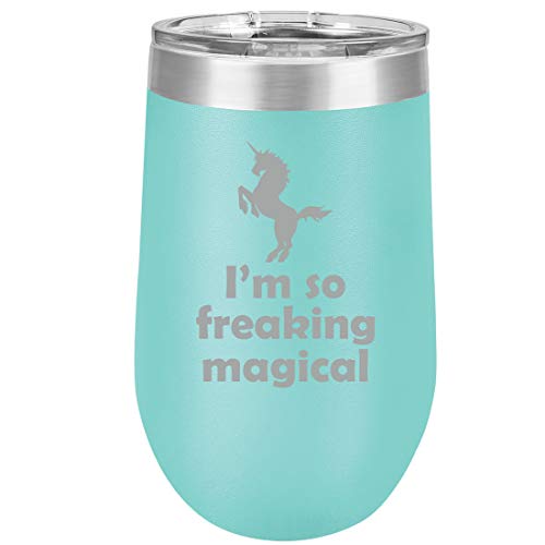 16 oz Double Wall Vacuum Insulated Stainless Steel Stemless Wine Tumbler Glass Coffee Travel Mug With Lid I'm So Freaking Magical Unicorn (Teal)
