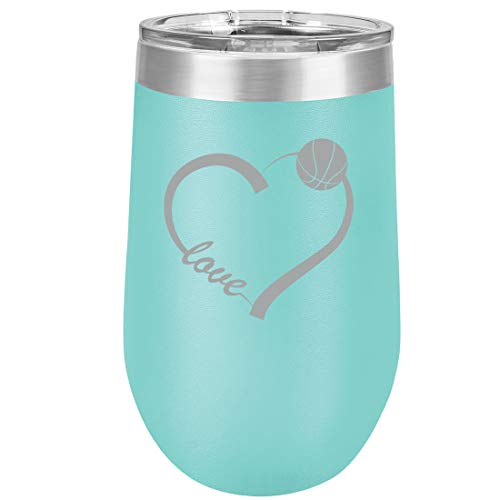 16 oz Double Wall Vacuum Insulated Stainless Steel Stemless Wine Tumbler Glass Coffee Travel Mug With Lid Love Heart Basketball (Teal)