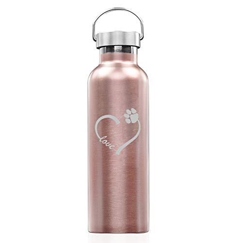 Rose Gold Double Wall Vacuum Insulated Stainless Steel Tumbler Travel Mug Love Heart Paw Animals (25 oz Water Bottle)