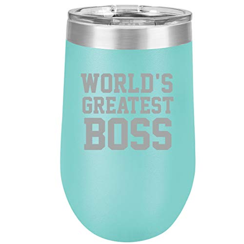 16 oz Double Wall Vacuum Insulated Stainless Steel Stemless Wine Tumbler Glass Coffee Travel Mug With Lid World's Greatest Boss (Teal)