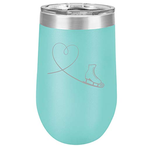 16 oz Double Wall Vacuum Insulated Stainless Steel Stemless Wine Tumbler Glass Coffee Travel Mug With Lid Heart Love Ice Skating (Teal)
