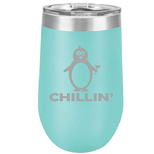 16 oz Double Wall Vacuum Insulated Stainless Steel Stemless Wine Tumbler Glass Coffee Travel Mug With Lid Chillin Penguin Funny (Teal)