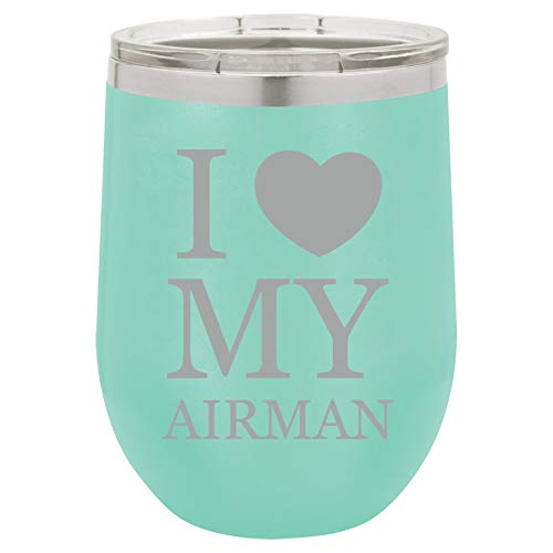 12 oz Double Wall Vacuum Insulated Stainless Steel Stemless Wine Tumbler Glass Coffee Travel Mug With Lid I Love My Airman Airforce (Teal)