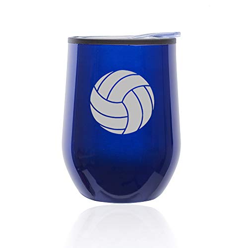 Stemless Wine Tumbler Coffee Travel Mug Glass With Lid Volleyball (Blue)