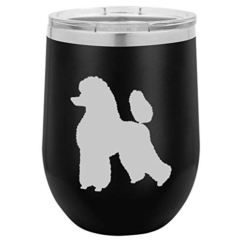 12 oz Double Wall Vacuum Insulated Stainless Steel Stemless Wine Tumbler Glass Coffee Travel Mug With Lid Poodle (Black)