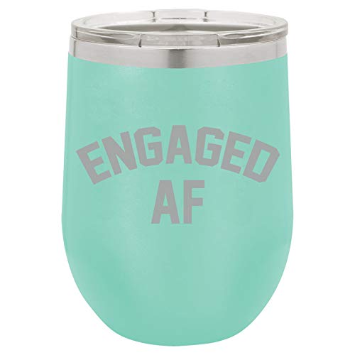 12 oz Double Wall Vacuum Insulated Stainless Steel Stemless Wine Tumbler Glass Coffee Travel Mug With Lid Engaged AF Funny Engagement (Teal)