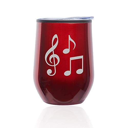 Stemless Wine Tumbler Coffee Travel Mug Glass With Lid Music Notes (Red)