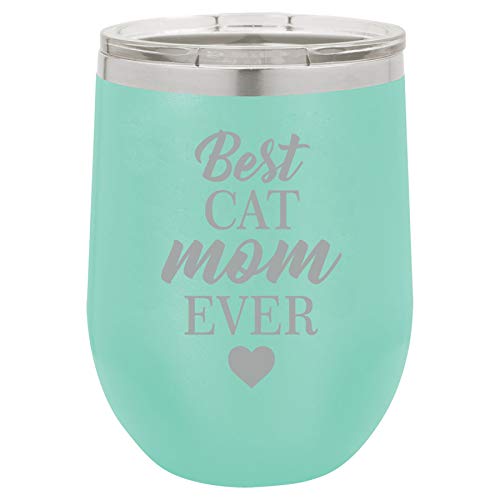 12 oz Double Wall Vacuum Insulated Stainless Steel Stemless Wine Tumbler Glass Coffee Travel Mug With Lid Best Cat Mom Ever Mother (Teal)