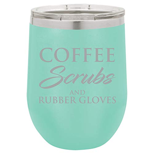 12 oz Double Wall Vacuum Insulated Stainless Steel Stemless Wine Tumbler Glass Coffee Travel Mug With Lid Nurse Doctor Dentist Dental Assistant Therapist Coffee Scrubs And Rubber Gloves (Teal)