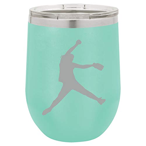 12 oz Double Wall Vacuum Insulated Stainless Steel Stemless Wine Tumbler Glass Coffee Travel Mug With Lid Female Softball Pitcher (Teal)