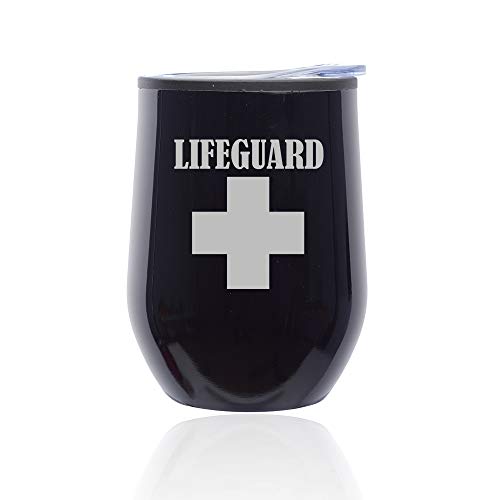 Stemless Wine Tumbler Coffee Travel Mug Glass With Lid Lifeguard (Midnight Black)