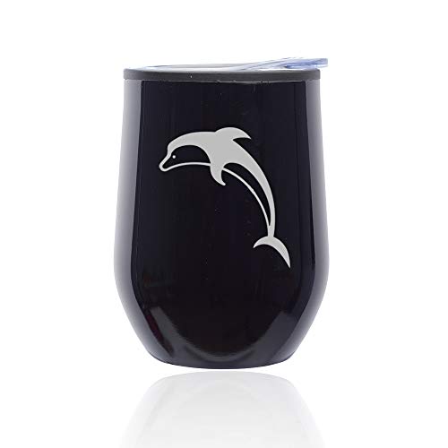 Stemless Wine Tumbler Coffee Travel Mug Glass With Lid Dolphin (Midnight Black)