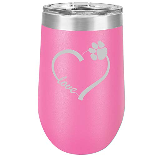 16 oz Double Wall Vacuum Insulated Stainless Steel Stemless Wine Tumbler Glass Coffee Travel Mug With Lid Love Heart Paw Animals (Hot Pink)