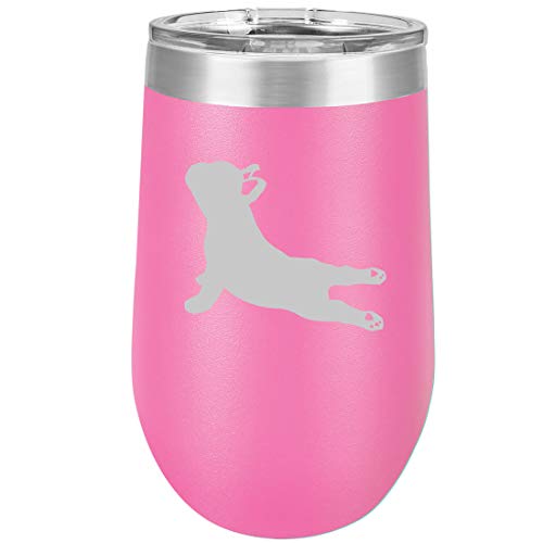 16 oz Double Wall Vacuum Insulated Stainless Steel Stemless Wine Tumbler Glass Coffee Travel Mug With Lid French Bulldog Yoga (Hot Pink)