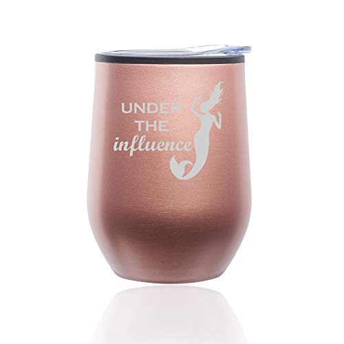 Stemless Wine Tumbler Coffee Travel Mug Glass With Lid Under The Influence Mermaid Funny (Rose Gold)