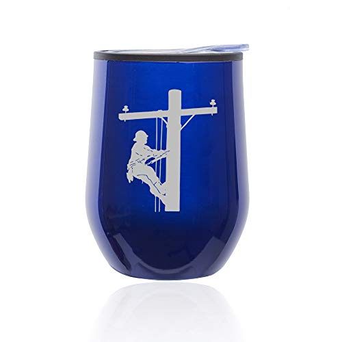 Stemless Wine Tumbler Coffee Travel Mug Glass With Lid Lineman Electric Pole Climber (Blue)