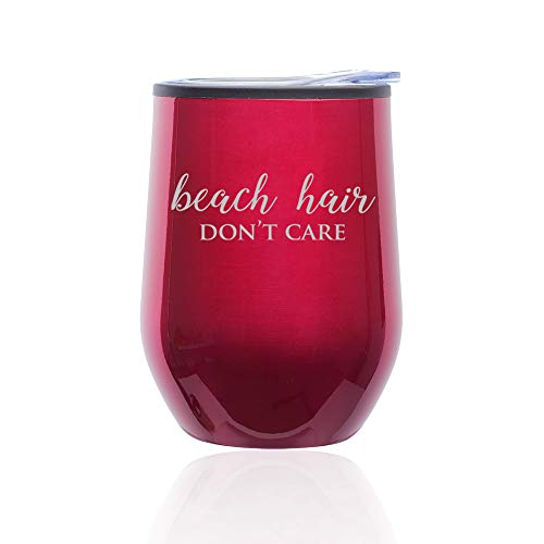 Stemless Wine Tumbler Coffee Travel Mug Glass With Lid Beach Hair Don't Care (Fuchsia)