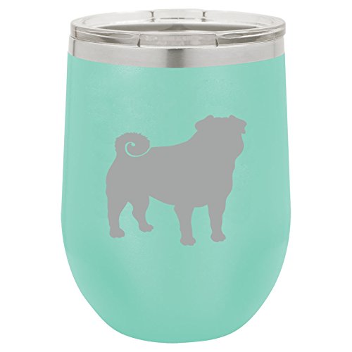 12 oz Double Wall Vacuum Insulated Stainless Steel Stemless Wine Tumbler Glass Coffee Travel Mug With Lid Pug (Teal)