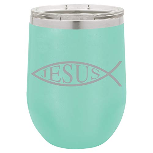 12 oz Double Wall Vacuum Insulated Stainless Steel Stemless Wine Tumbler Glass Coffee Travel Mug With Lid Jesus Fish (Teal)