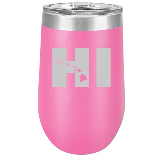 16 oz Double Wall Vacuum Insulated Stainless Steel Stemless Wine Tumbler Glass Coffee Travel Mug With Lid HI Hawaiian Islands Hawaii (Hot Pink)