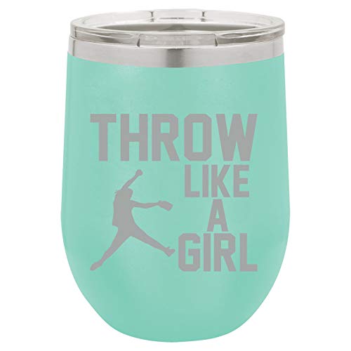 12 oz Double Wall Vacuum Insulated Stainless Steel Stemless Wine Tumbler Glass Coffee Travel Mug With Lid Throw Like A Girl Softball (Teal)