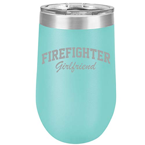 16 oz Double Wall Vacuum Insulated Stainless Steel Stemless Wine Tumbler Glass Coffee Travel Mug With Lid Firefighter Girlfriend (Teal)