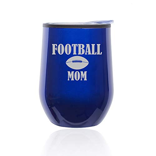 Stemless Wine Tumbler Coffee Travel Mug Glass With Lid Football Mom (Blue)