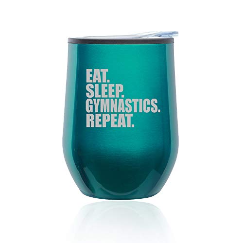 Stemless Wine Tumbler Coffee Travel Mug Glass With Lid Eat Sleep Gymnastics Repeat (Turquoise Teal)