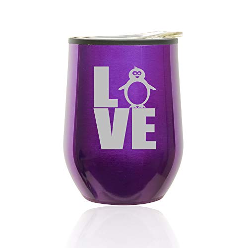 Stemless Wine Tumbler Coffee Travel Mug Glass With Lid Love Penguin (Royal Purple)