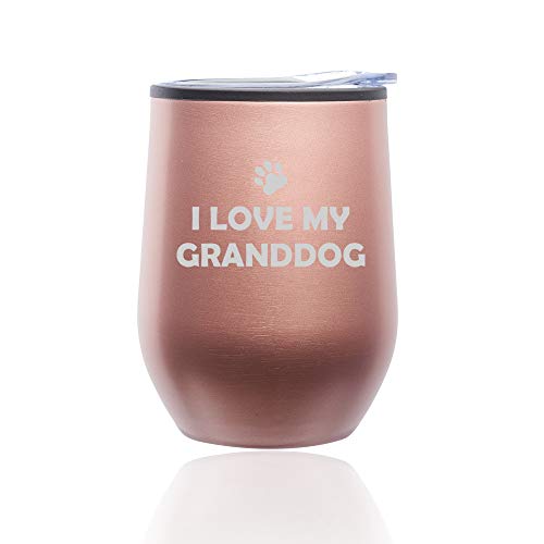 Stemless Wine Tumbler Coffee Travel Mug Glass With Lid I Love My Granddog Grandparent Of Dog Grandpa Grandma (Rose Gold)