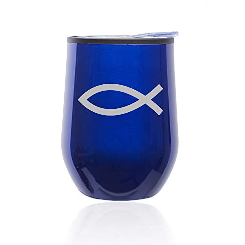 Stemless Wine Tumbler Coffee Travel Mug Glass With Lid Christian Fish Symbol (Blue)