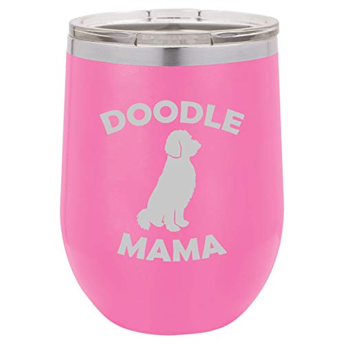 12 oz Double Wall Vacuum Insulated Stainless Steel Stemless Wine Tumbler Glass Coffee Travel Mug With Lid Doodle Mama (Hot Pink)